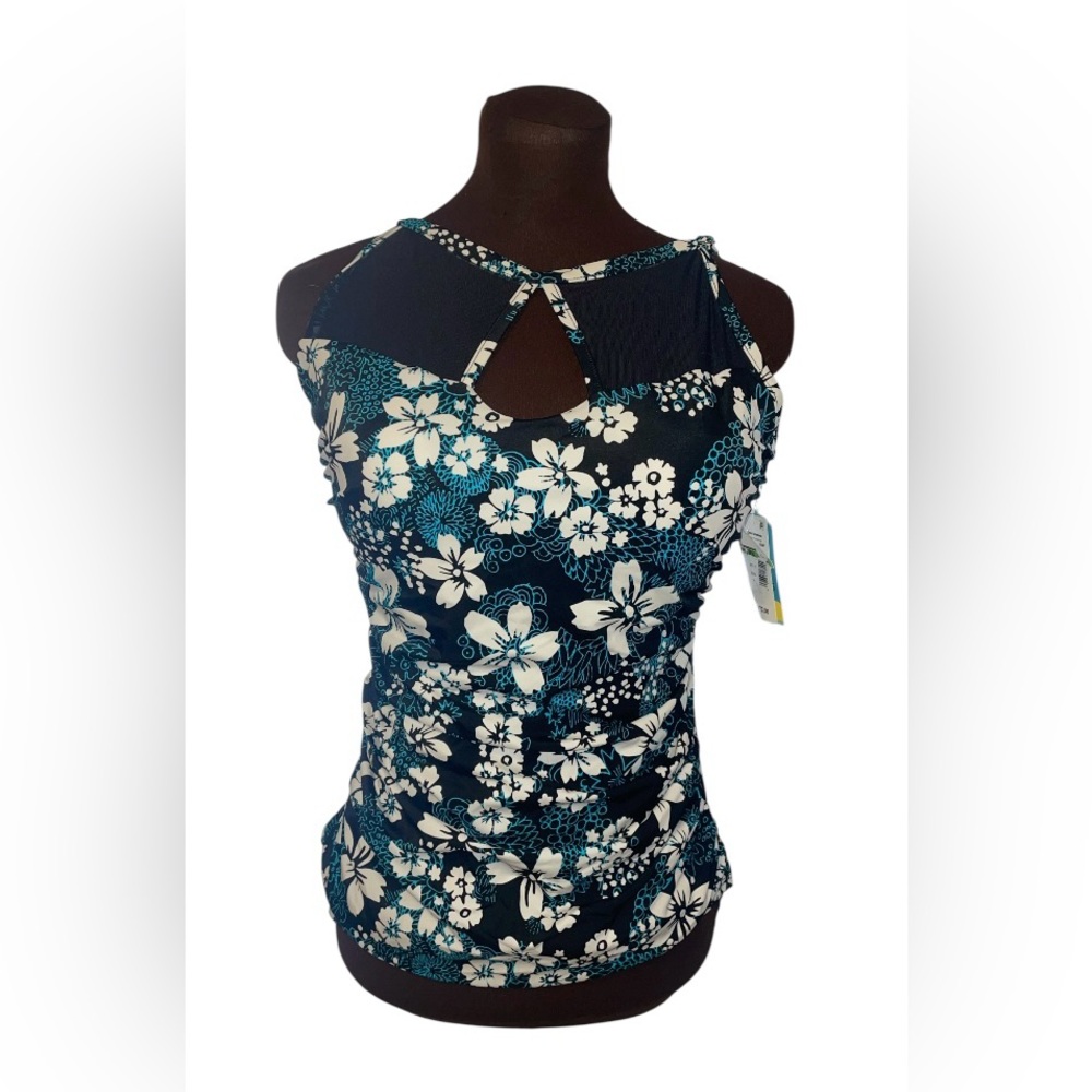 NWT SWIM SOLUTIONS High Neck Mesh Insert Underwire Black Teal Tankini Top 14